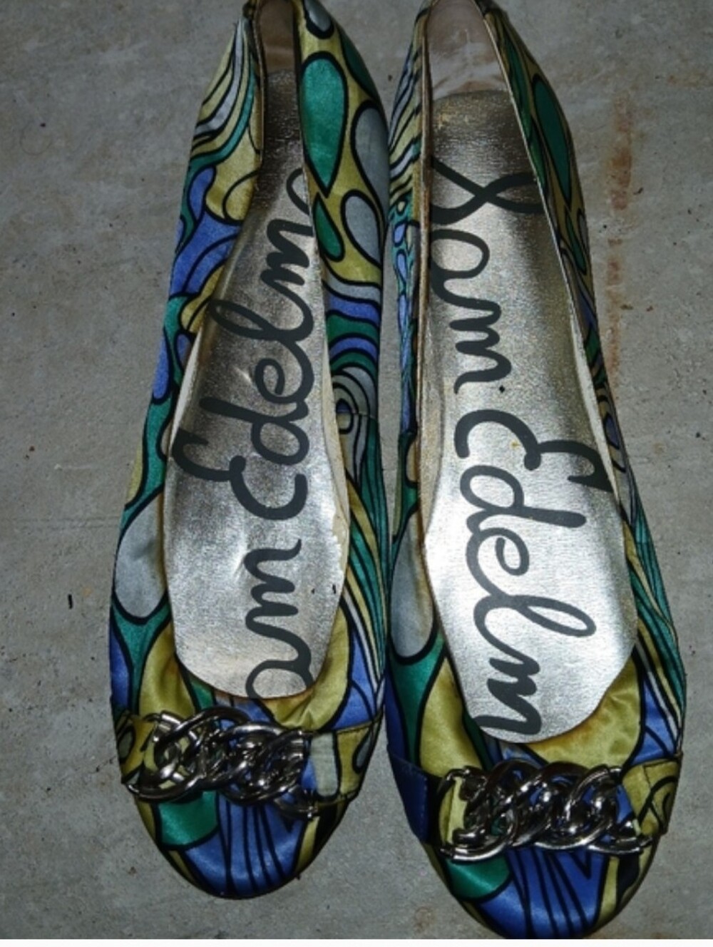Sam Edelman Green Blue Yellow Patterned Chain-Trim Ballet Flats